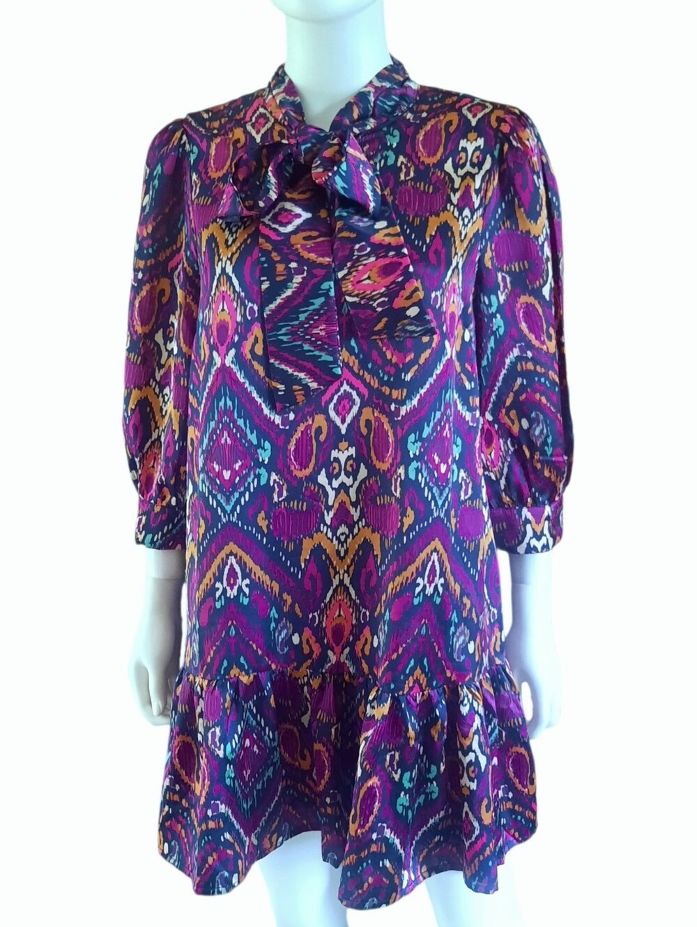 FATE Paisley Ikat Print Tie-Neck Dress 3/4 Sleeves Ruffle Hem Sz M Purple/Multi